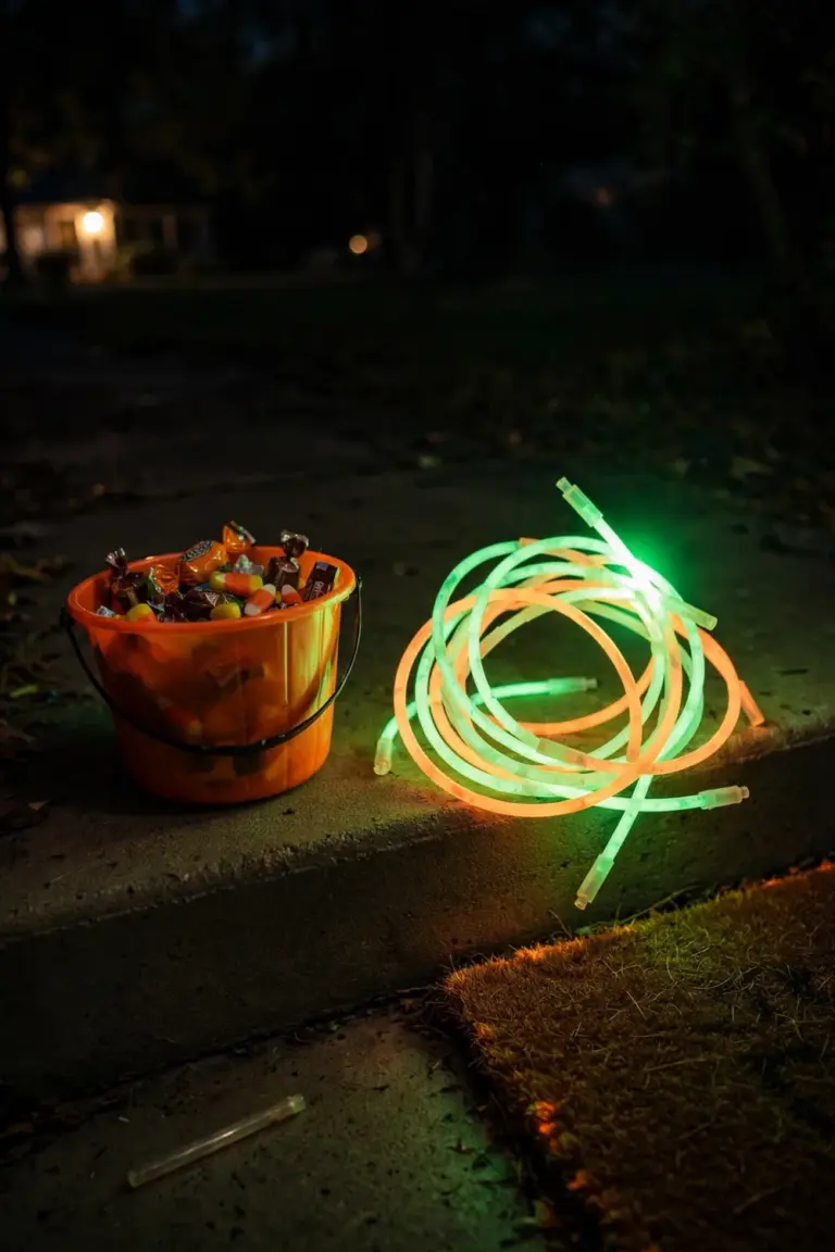 Green and orange glow sticks glowing on a front step beside a candy bucket at night