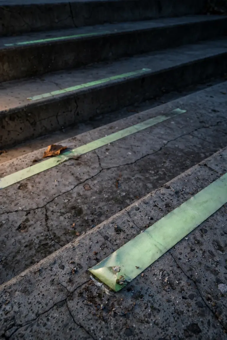 Glow tape strips pressed across the nose of each concrete porch step, faintly luminous