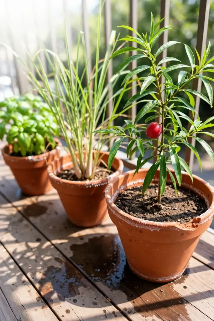 Potted God's crown among other herb pots on a sunny balcony