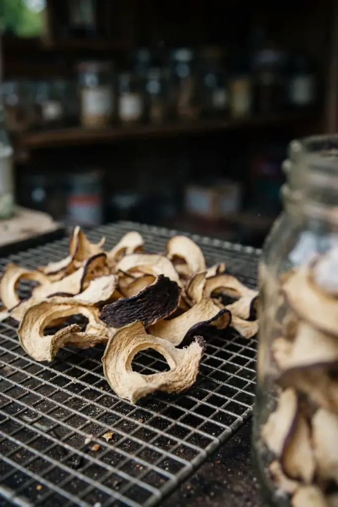 Dried God's crown fruit slices on a rack in a shaded airy spot