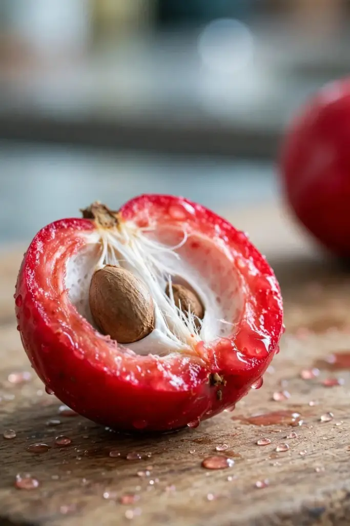 Halved red God's crown fruit showing white pit and brown seeds