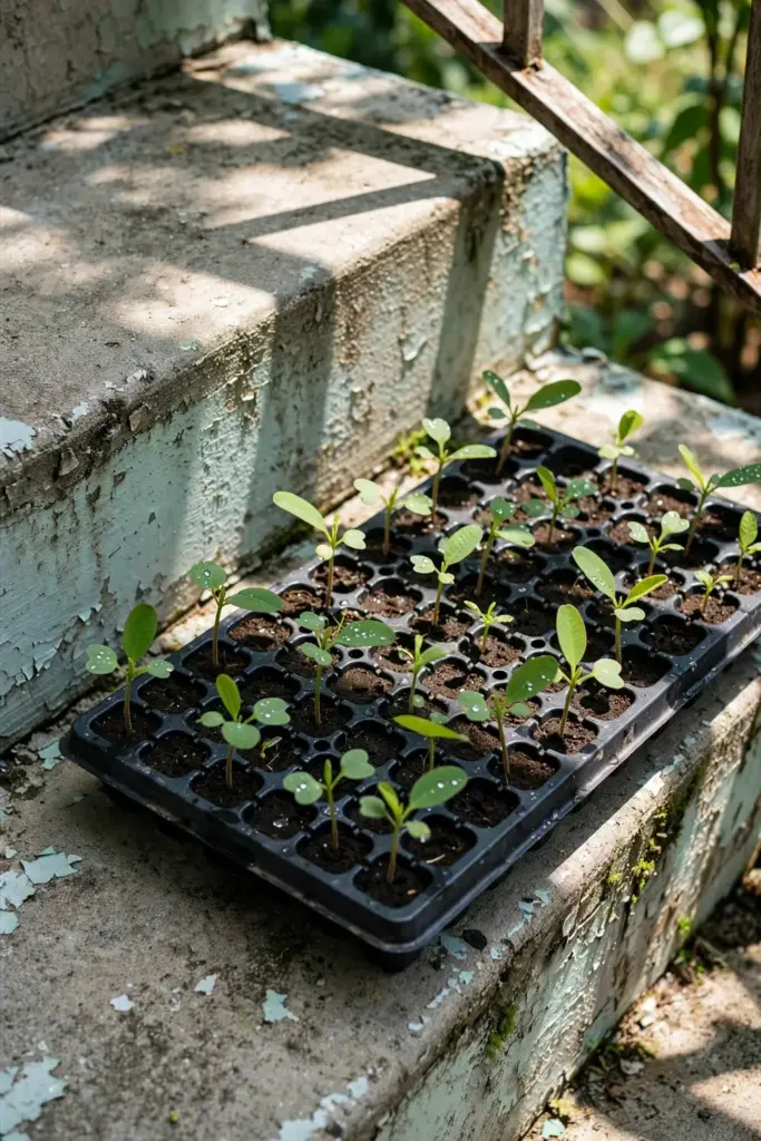 Seedling tray on outdoor steps in morning shade for hardening off