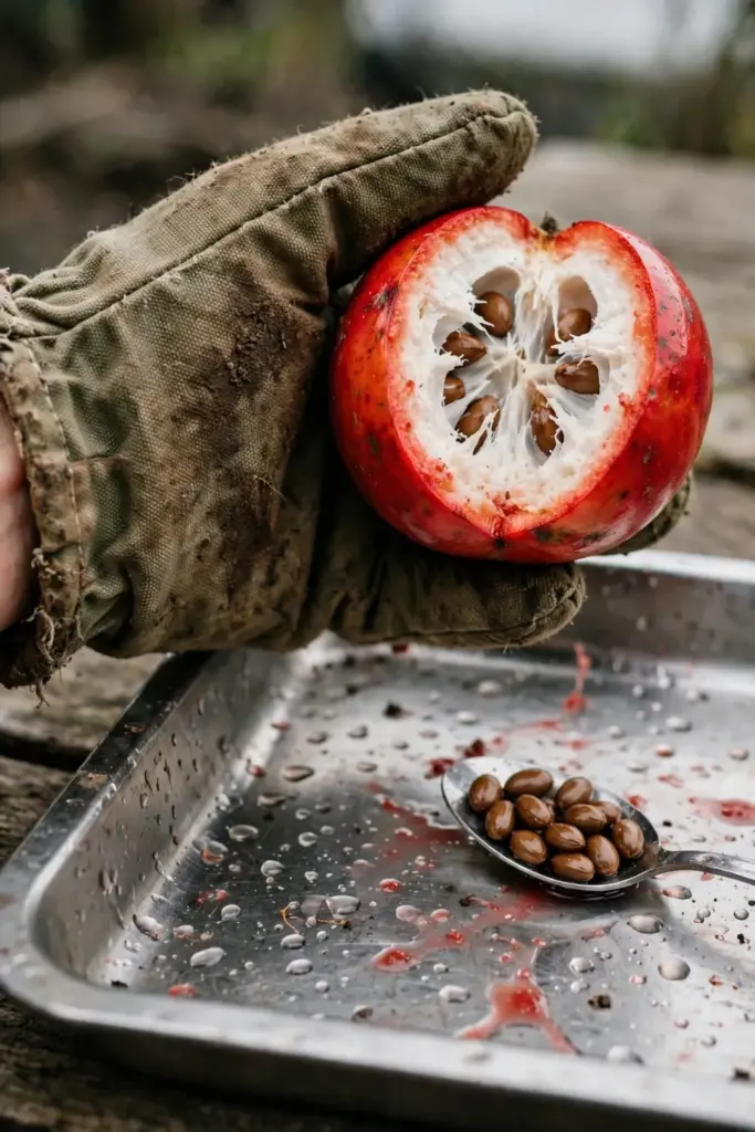 Mitt hand holding a halved red God's crown fruit over a tray