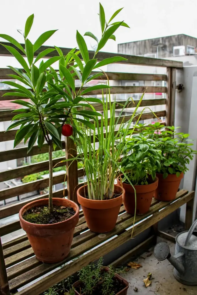 Wide view of a balcony herb shelf with potted God's crown in sharp focus
