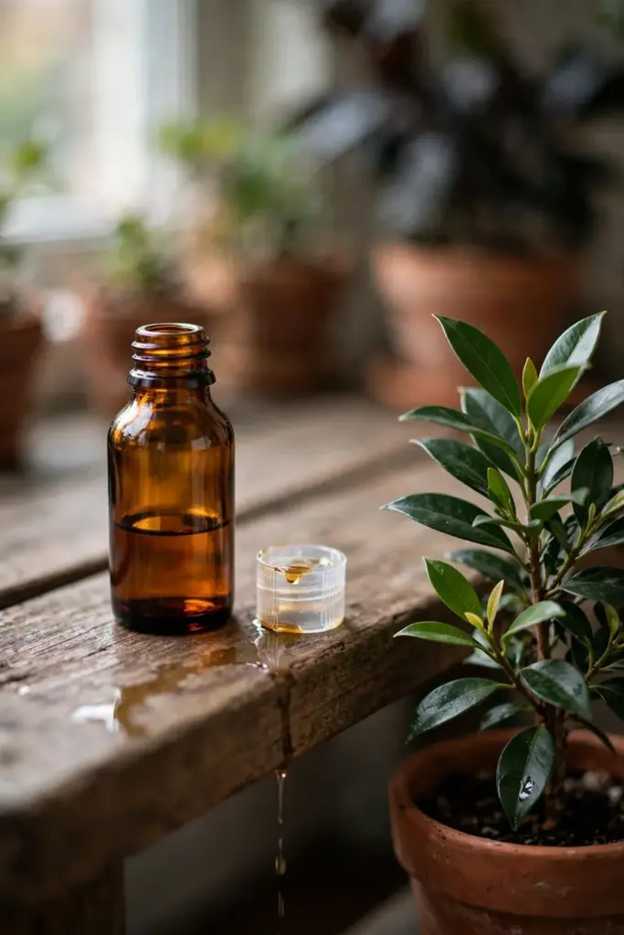 Small amber fertilizer bottle and measuring cap beside a potted God's crown