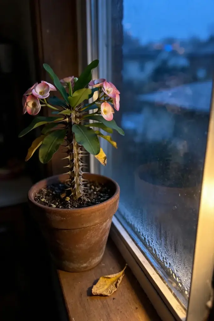 Potted God's crown on an indoor windowsill with cold blue evening outside