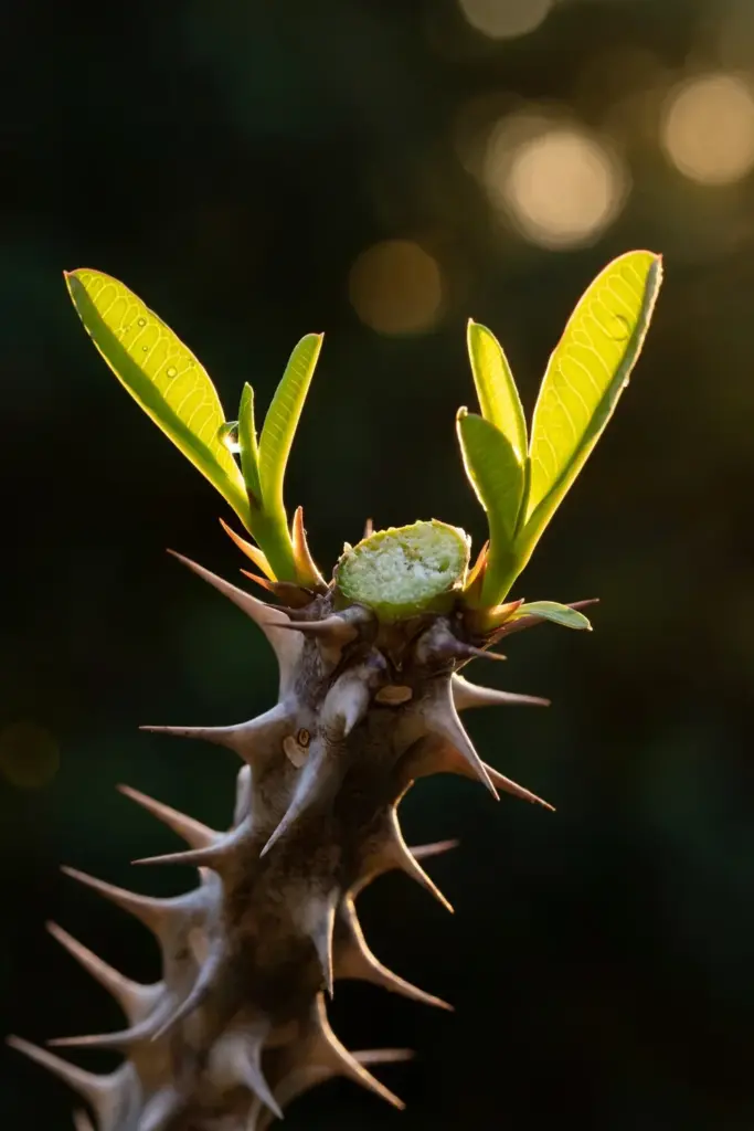 Pruned God's crown stem tip pushing two new side shoots, backlit