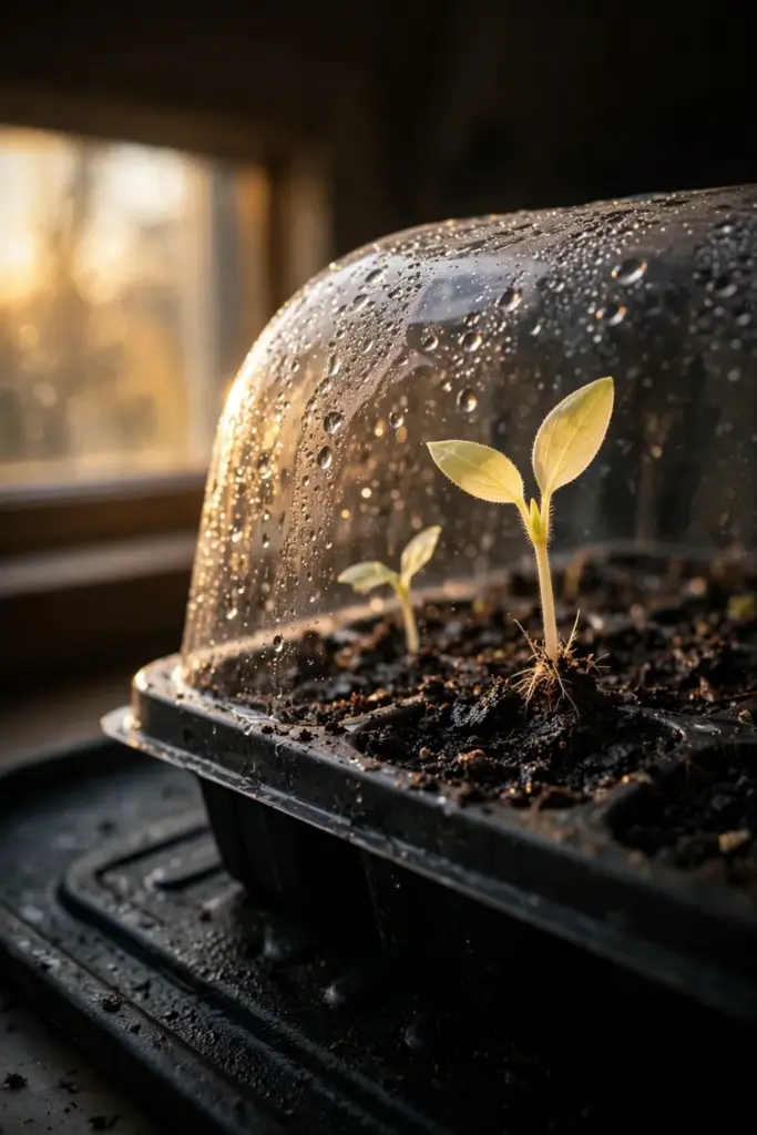 Seed tray with humidity dome and sprouts on a heat mat