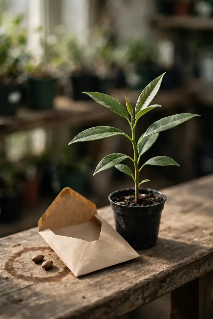Young God's crown sapling in a pot beside an open seed envelope