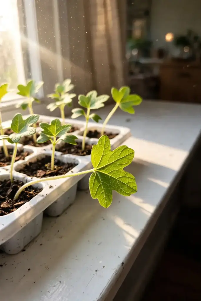 God's crown seedlings in a tray on a sunny windowsill