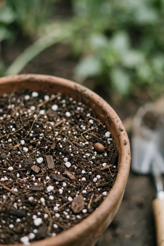 Pot filled with loose mix showing white perlite flecks, trowel at edge