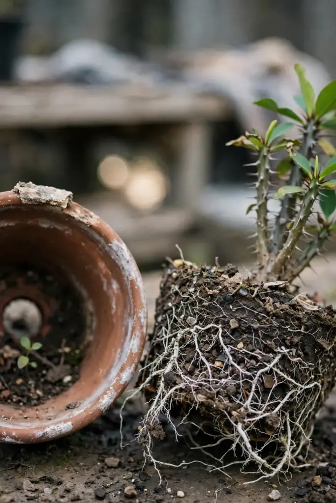 Young God's crown tree beside a terracotta pot with drainage hole