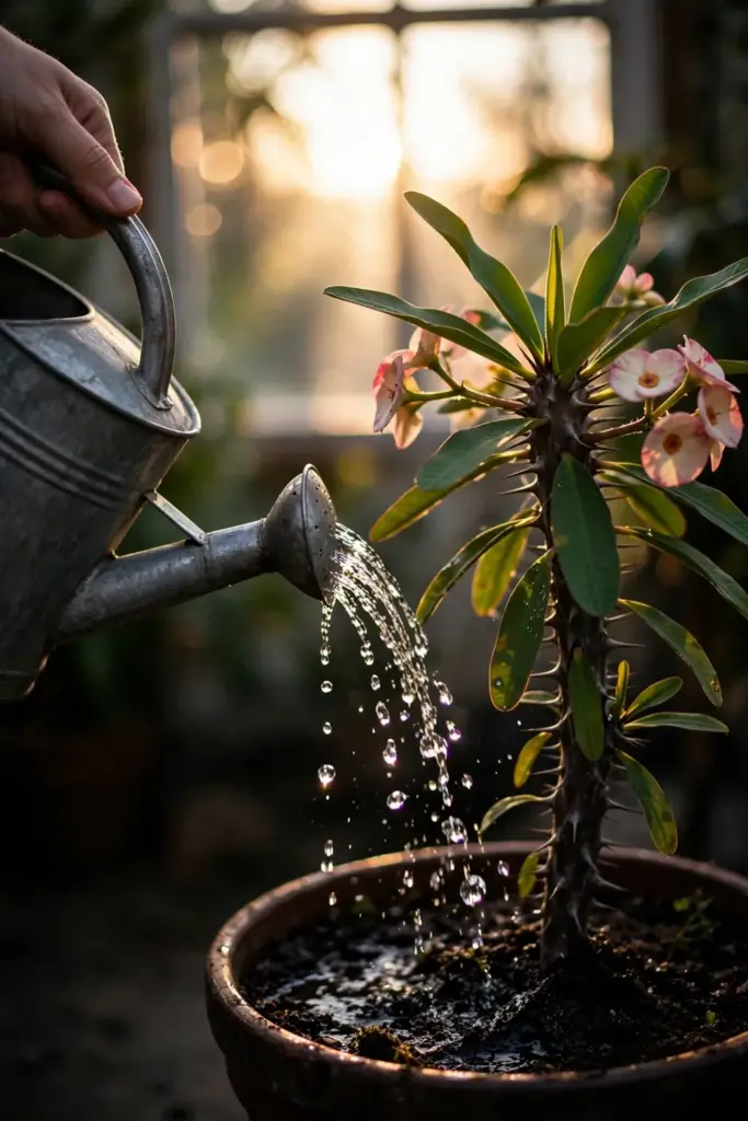 Hand tipping a watering can so droplets arc onto a potted God's crown