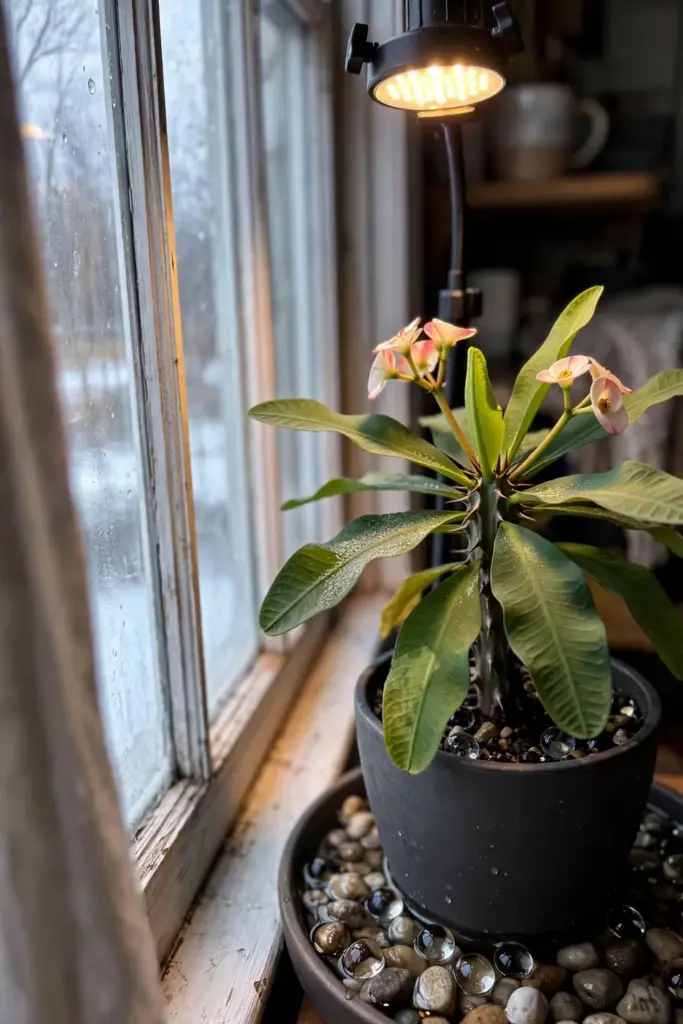 God's crown tree beside a bright window with a grow light above