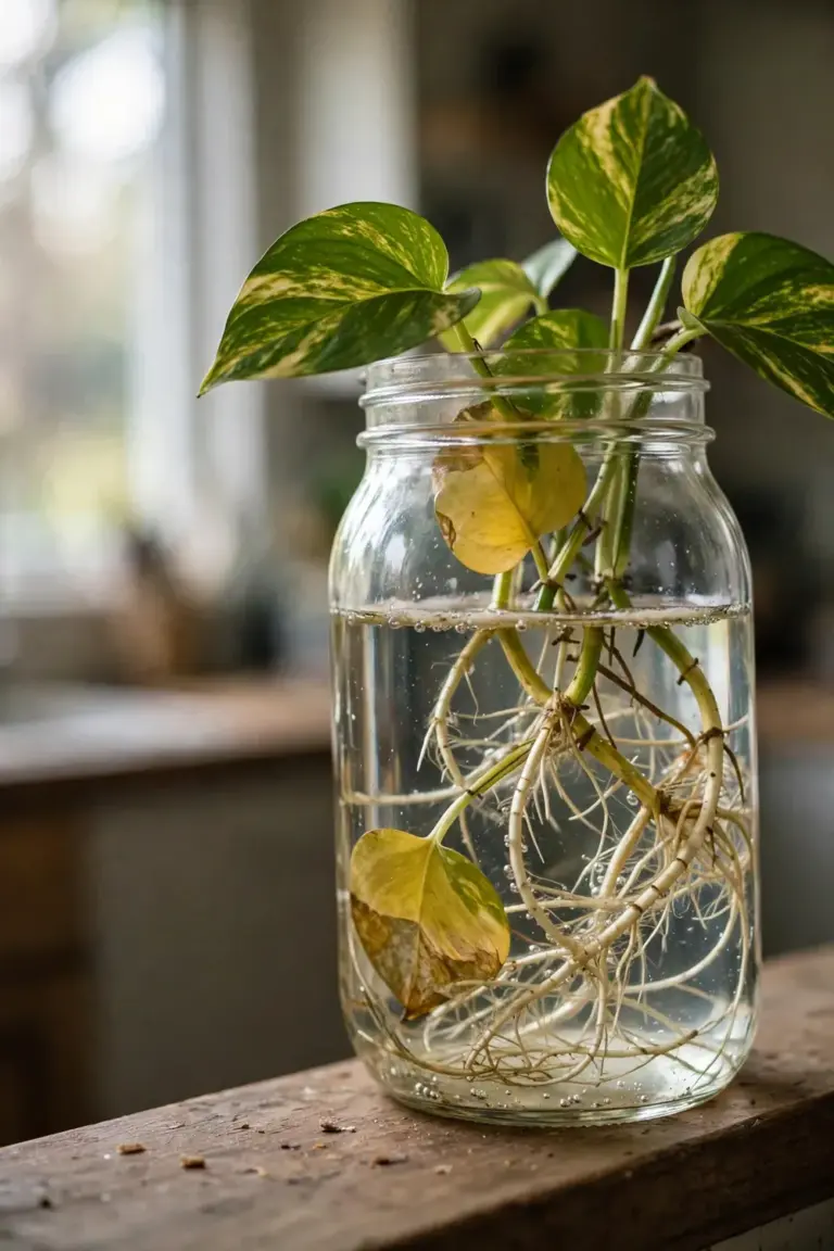 Golden pothos cuttings with new roots growing in a glass jar of water