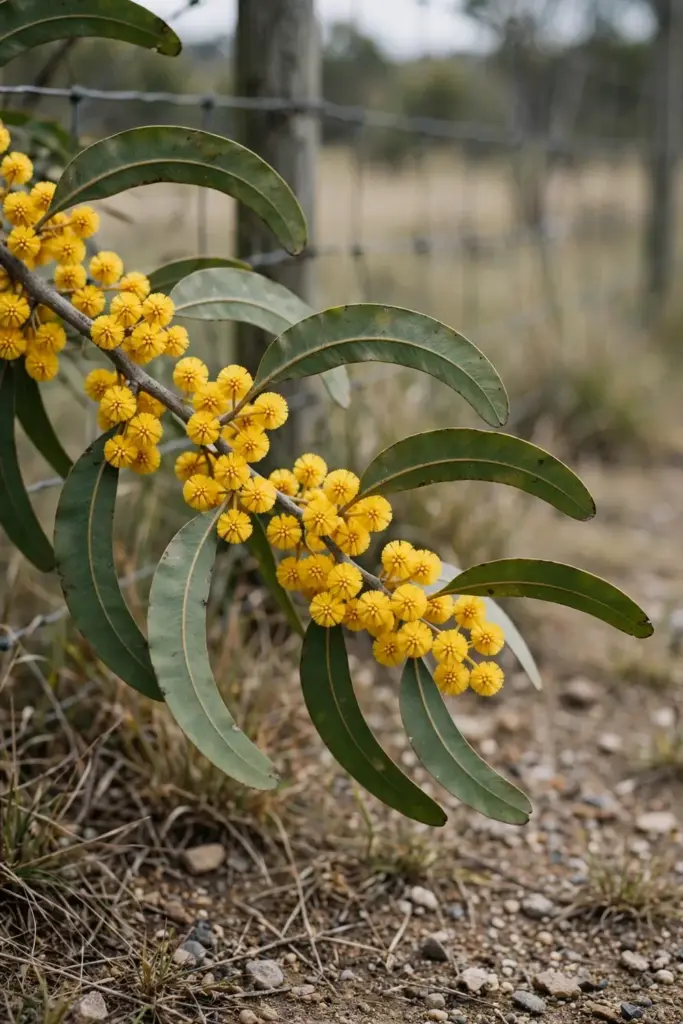 Golden Wattle branch with round golden flower heads and curved phyllodes
