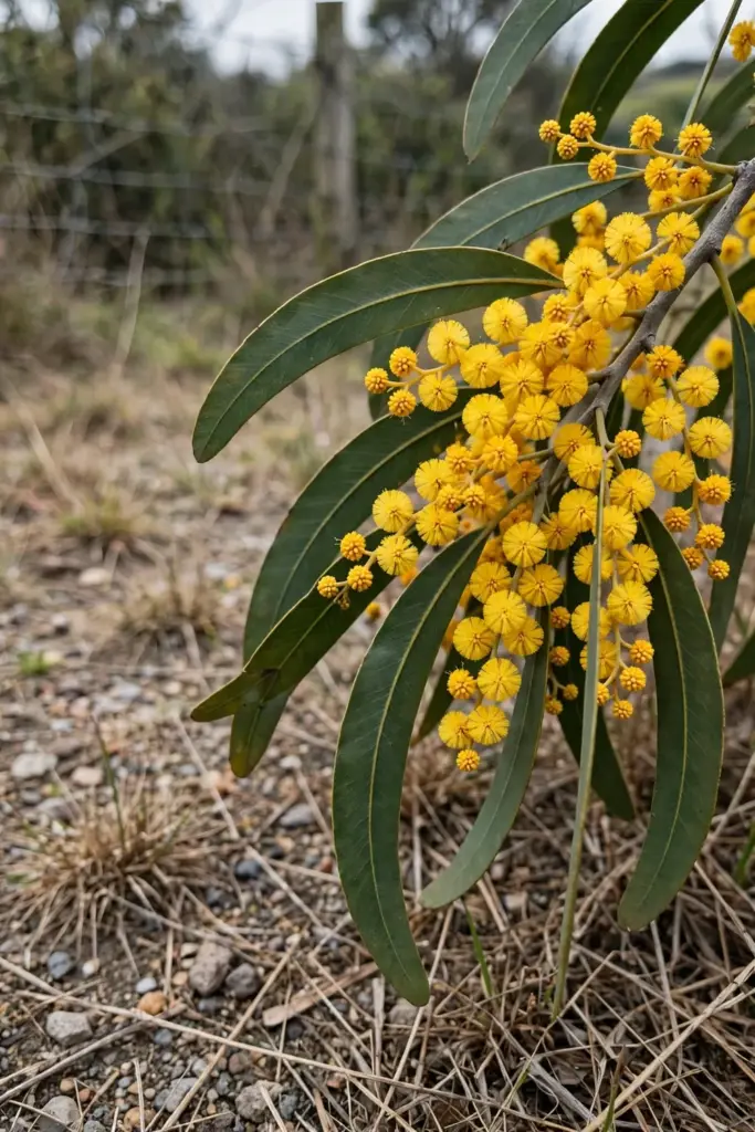 Golden Wattle branch with round golden flower heads and curved phyllodes