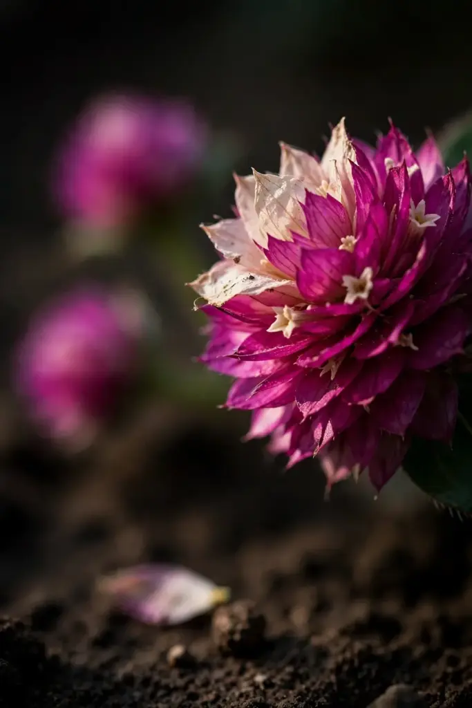Close-up of magenta gomphrena globe heads with papery bracts