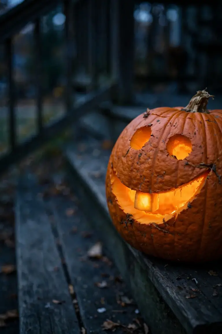 Carved pumpkin with a crooked goofy grin and one square tooth glowing on a porch step at dusk