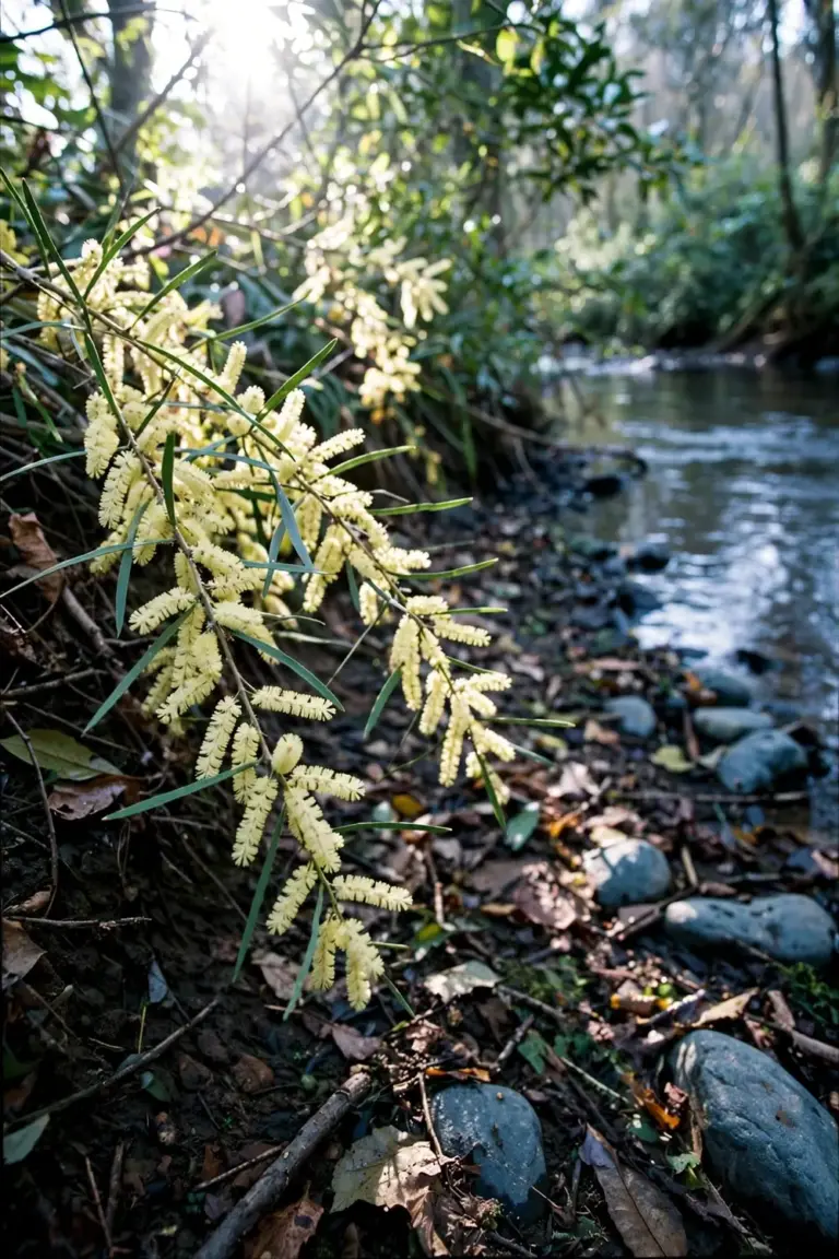 Gossamer wattle with creamy-yellow flower spikes beside a creek