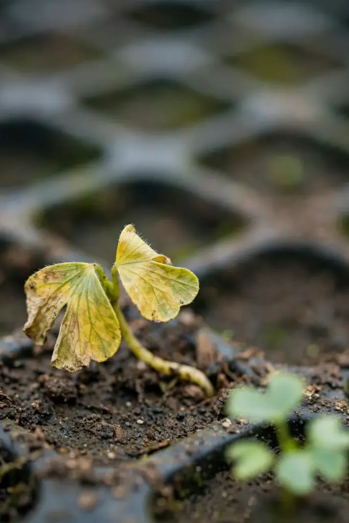 Yellowing gotu kola seedling flopped sideways in a damp seed tray