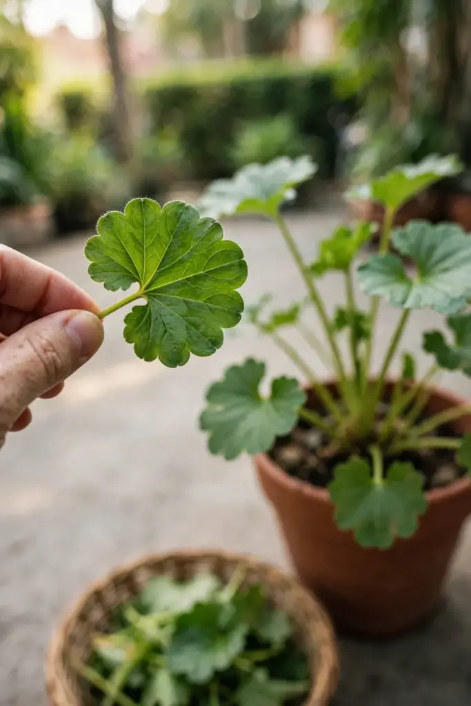 Hand pinching fresh gotu kola leaves from a potted plant into a basket