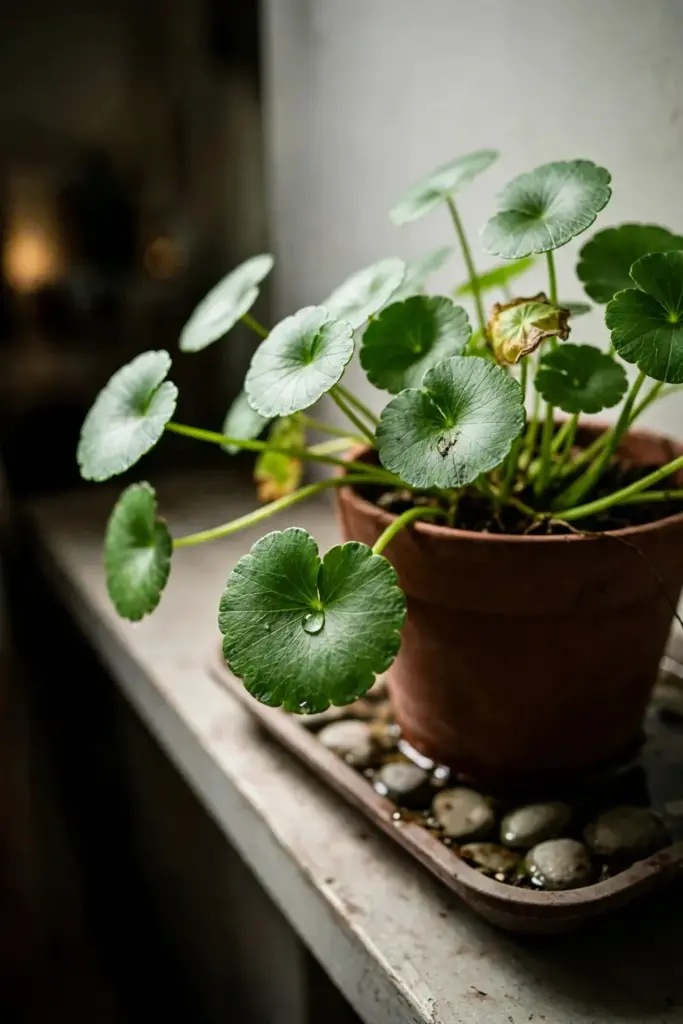 Potted gotu kola on a bright windowsill above a pebble water tray