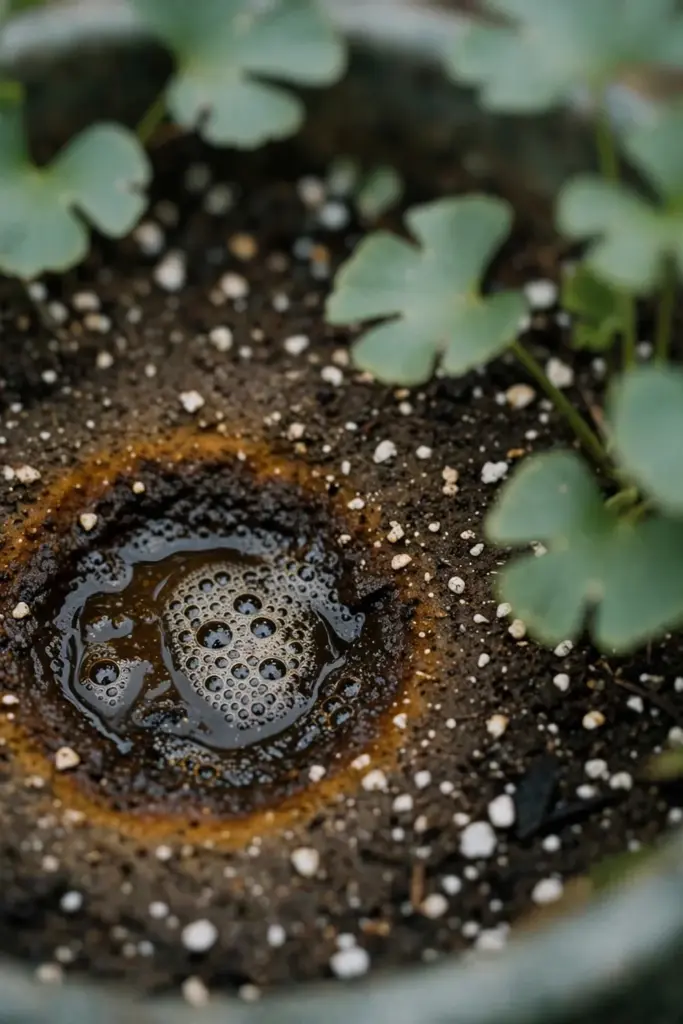 Amber liquid feed soaking into moist soil around a potted gotu kola plant