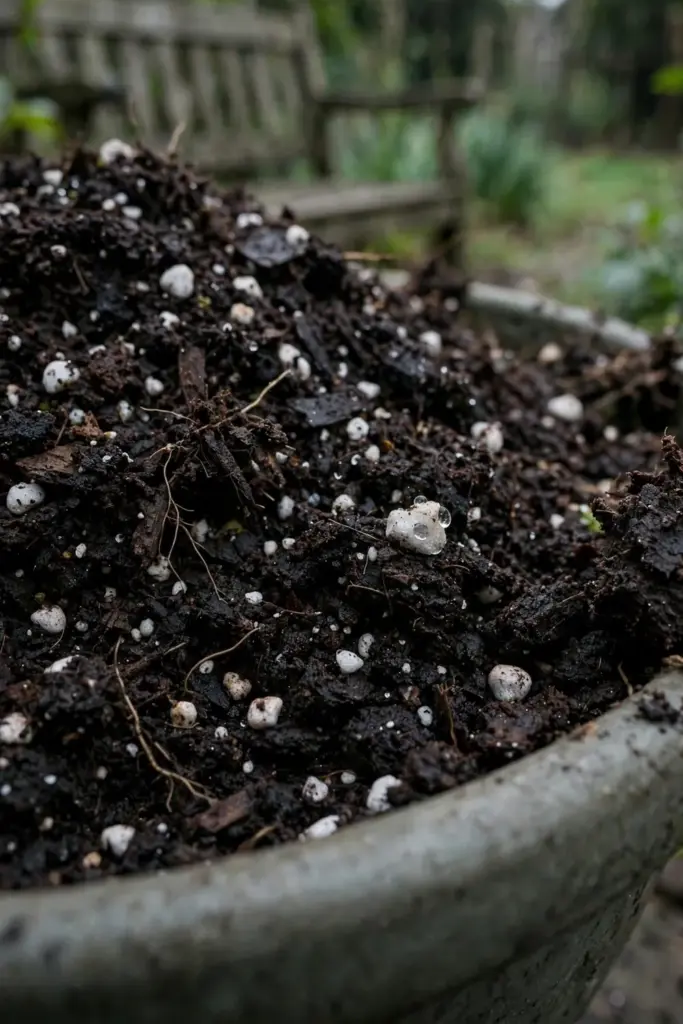 Moist potting mix with perlite and compost in a wide shallow container