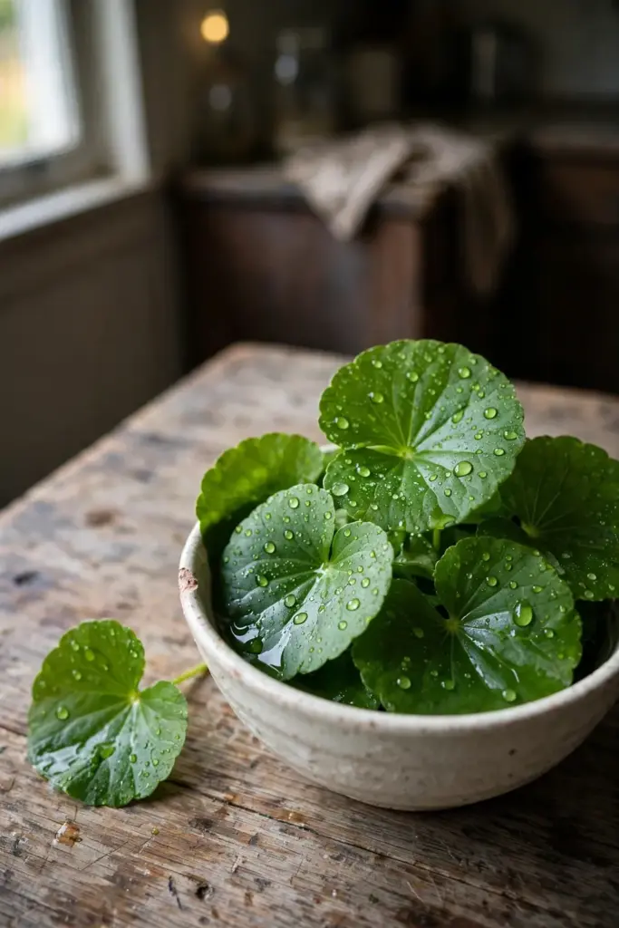 Freshly rinsed gotu kola leaves in a small bowl on a wooden table