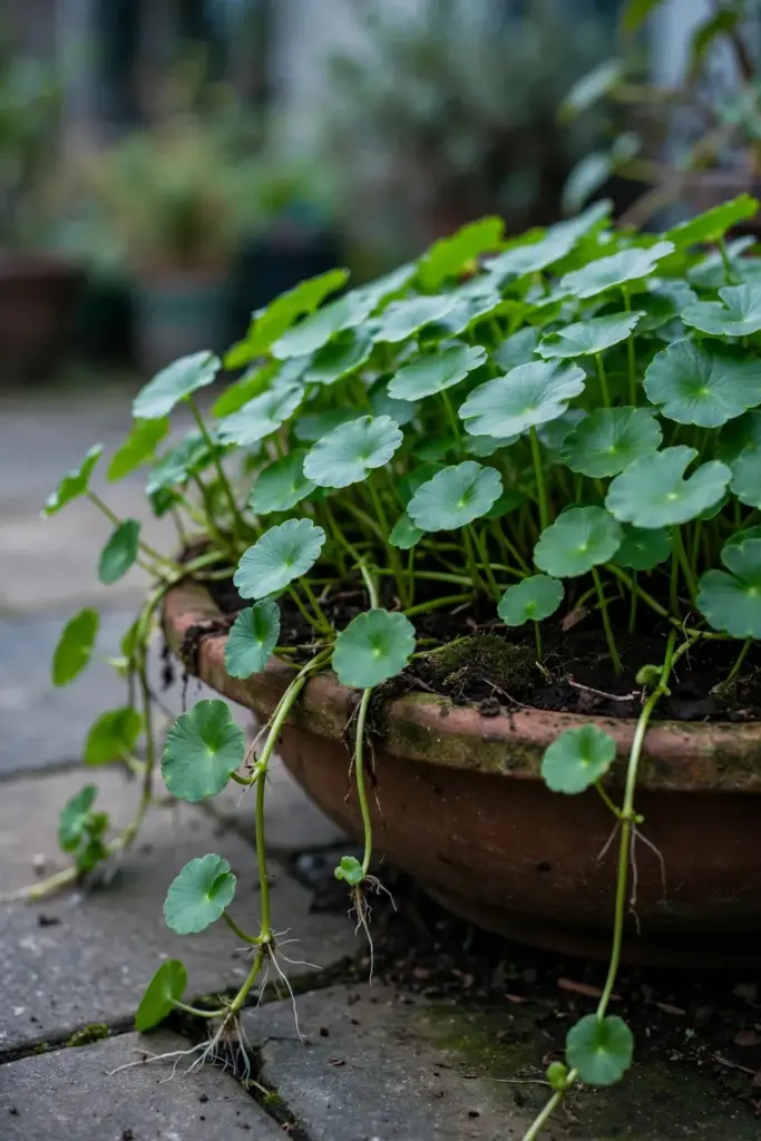 Dense gotu kola runners spilling over the rim of a wide container