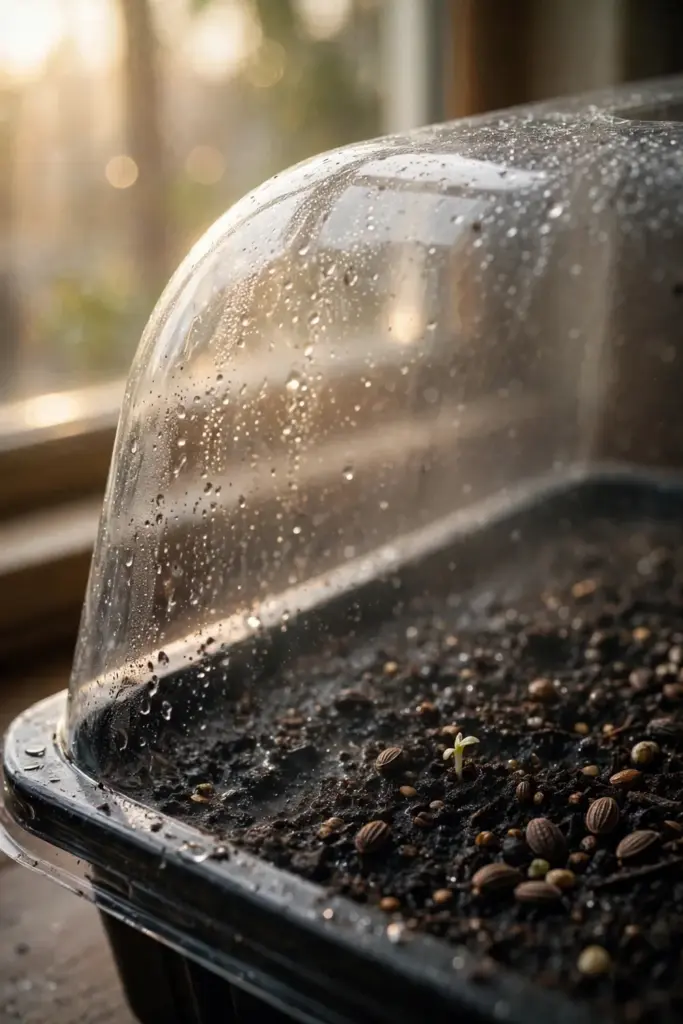 Gotu kola seed tray under a clear humidity dome with condensation droplets