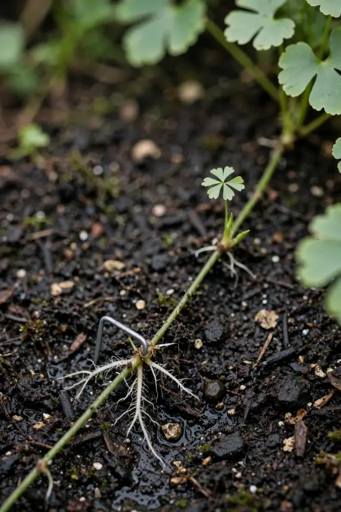 Gotu kola runner pinned across damp potting mix with a bent wire at the node