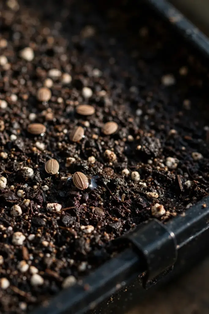 Tiny ridged gotu kola seeds scattered on dark seed-starting mix