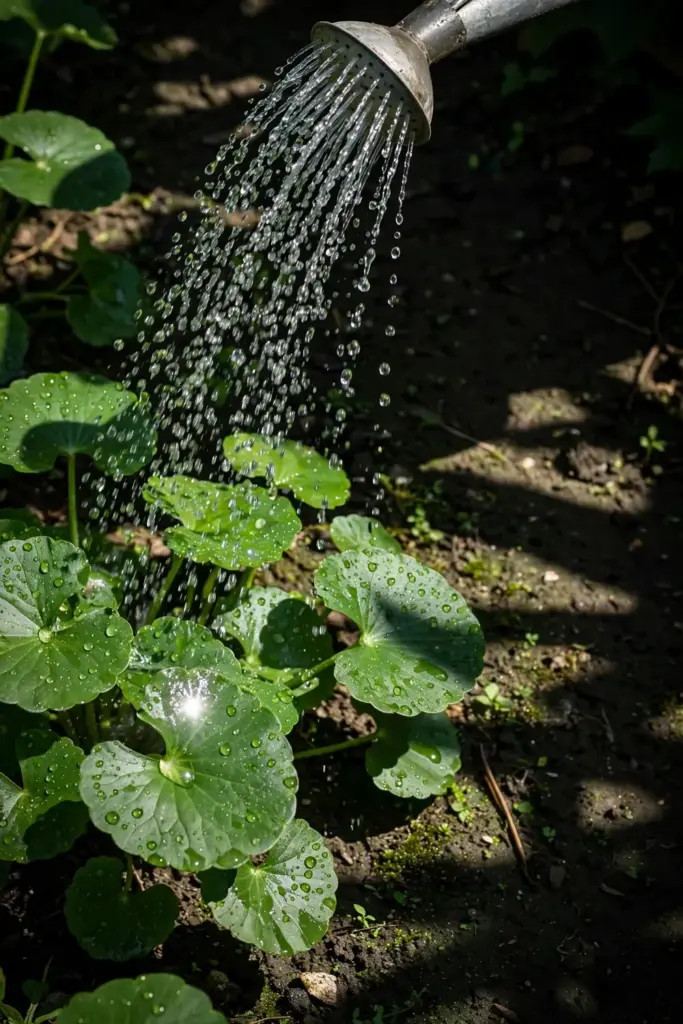 Water droplets arcing from a watering can spout onto gotu kola leaves