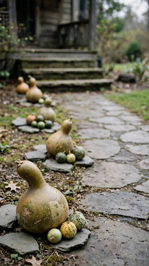 Gourd clusters with hero gourds and minis lining a stone walkway