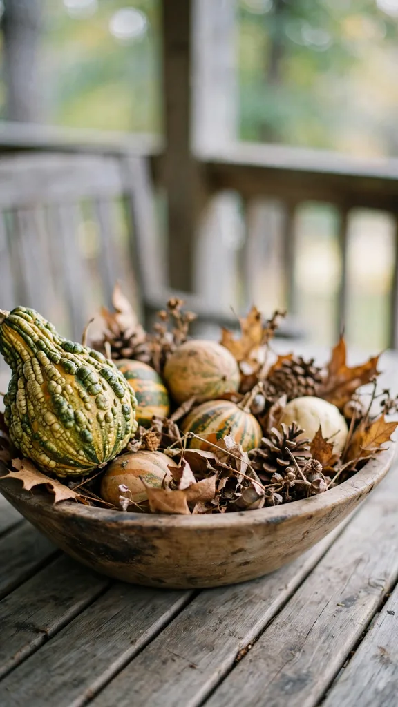 Low wooden bowl of mixed gourds, pinecones, and dry leaves on a porch table