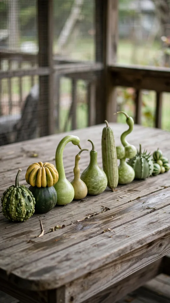 Nine gourd varieties lined up in a row on a porch table showing shapes and shells
