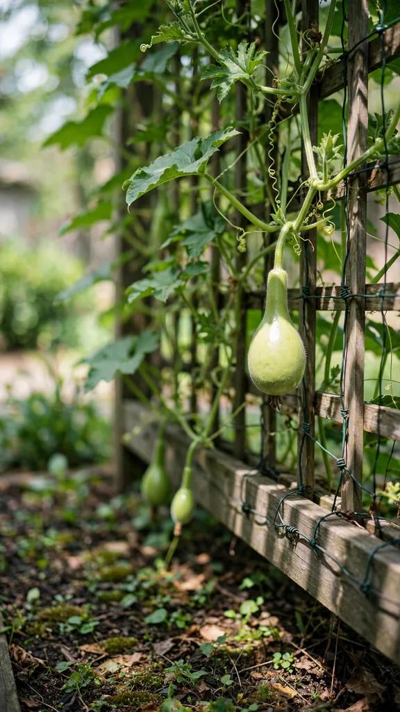 Gourd vines with young fruit climbing a trellis wired to a porch rail