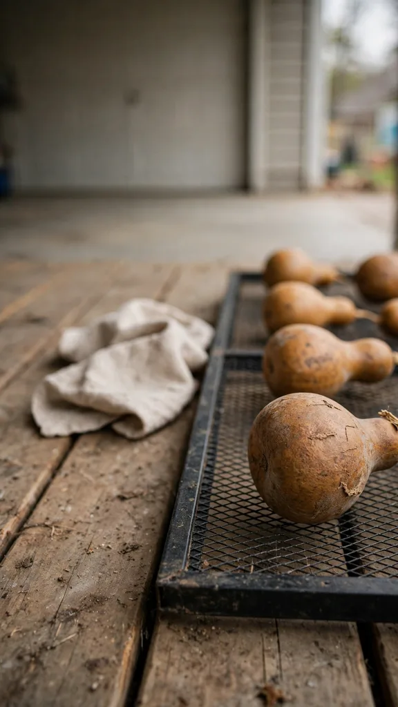 Harvested gourds drying in a single layer on a screen rack on a porch