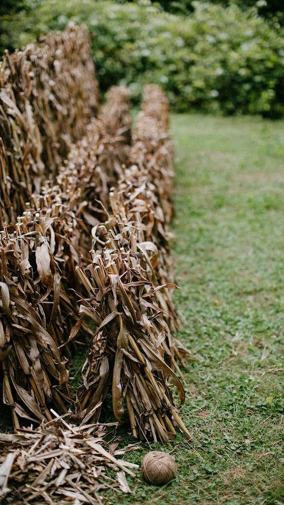 Corn stalks sorted into height rows on a lawn before bundling