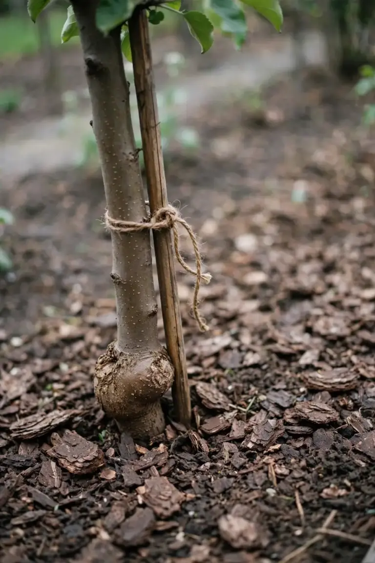 Young grafted apple tree showing the swollen graft union above the soil