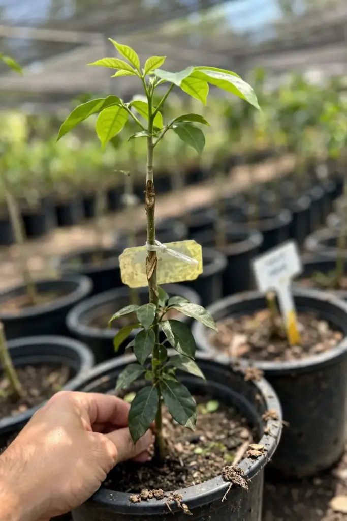 Hand holding a young grafted white sapote tree at the nursery