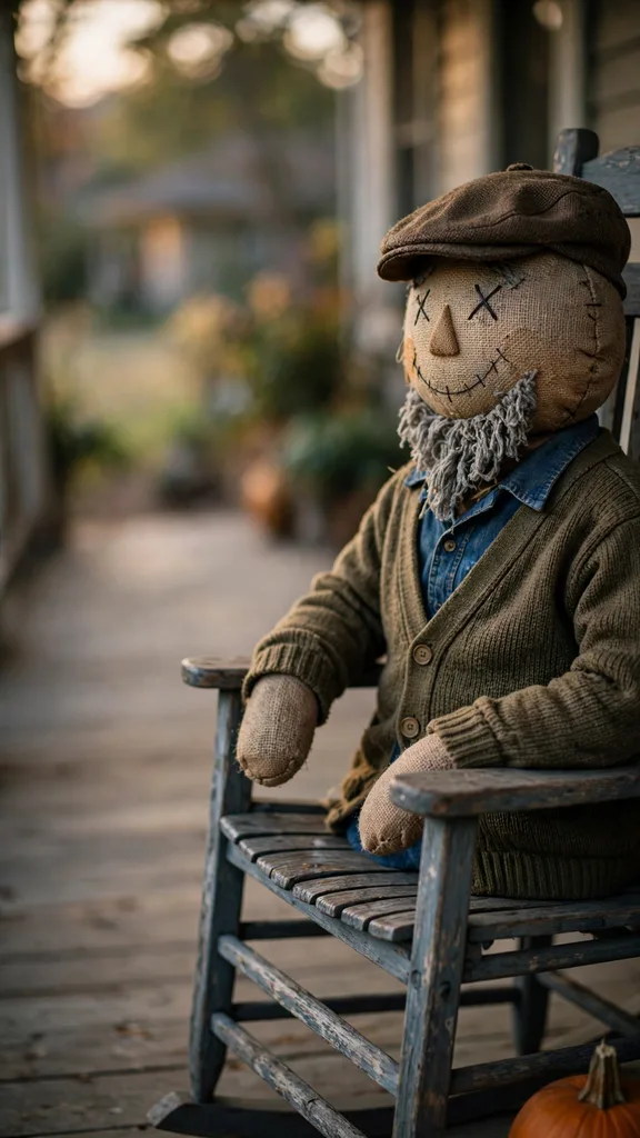 A grandpa scarecrow figure rocking in a porch chair with a pipe-cleaner beard