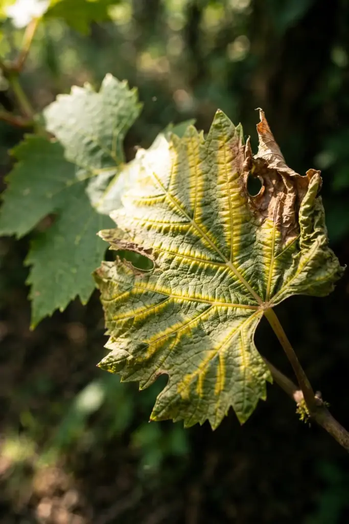 Grapevine leaf deformed into a fan shape with yellow veins