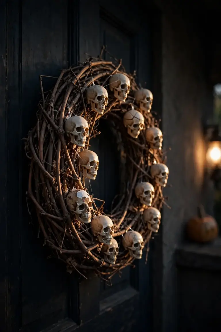Grapevine wreath with fifteen small pale skull ornaments hanging on a dark front door