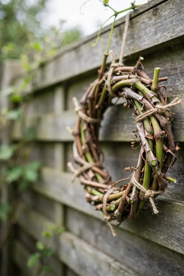 A plain coiled grapevine wreath ring tied with twine, hanging on a garden fence to set