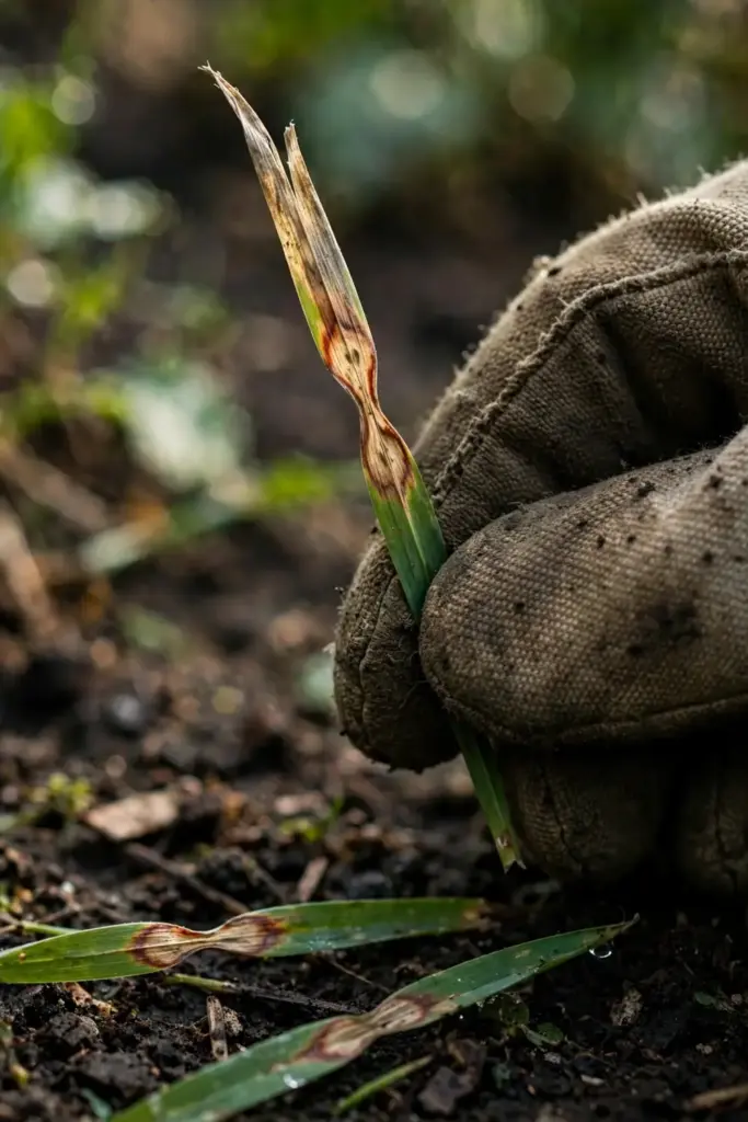 Grass blade with a tan hourglass lesion and straw-colored tip held for inspection.
