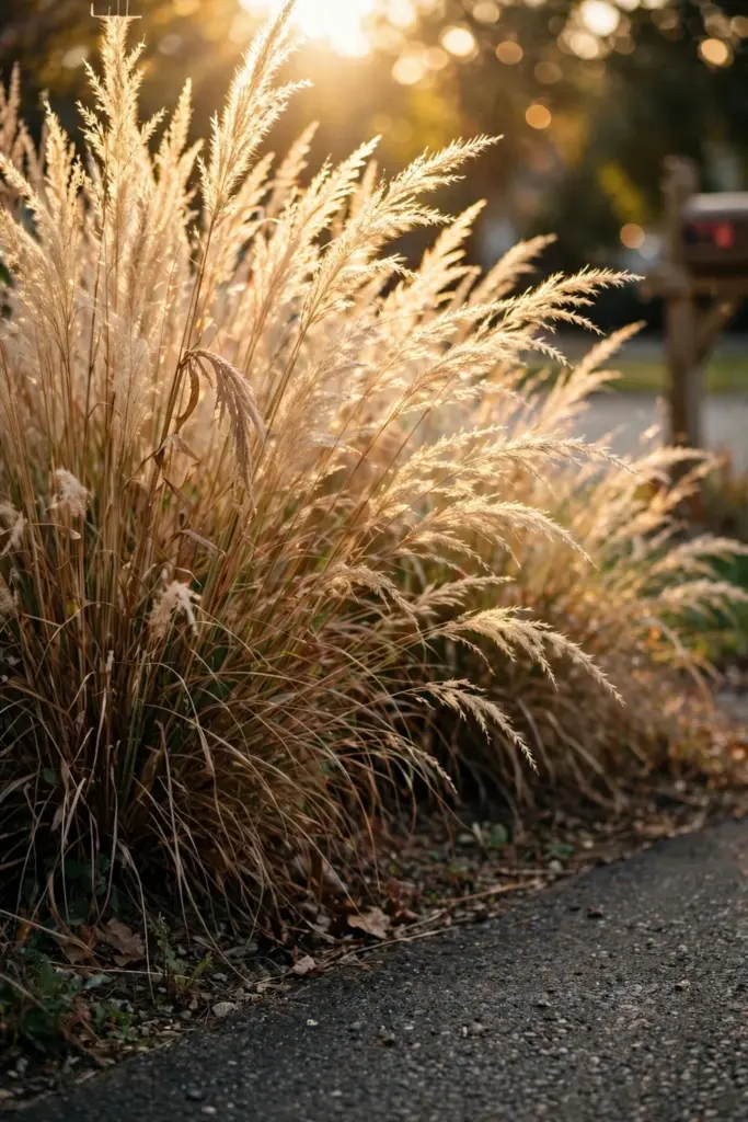 Fountain grass edge with seed heads along a driveway