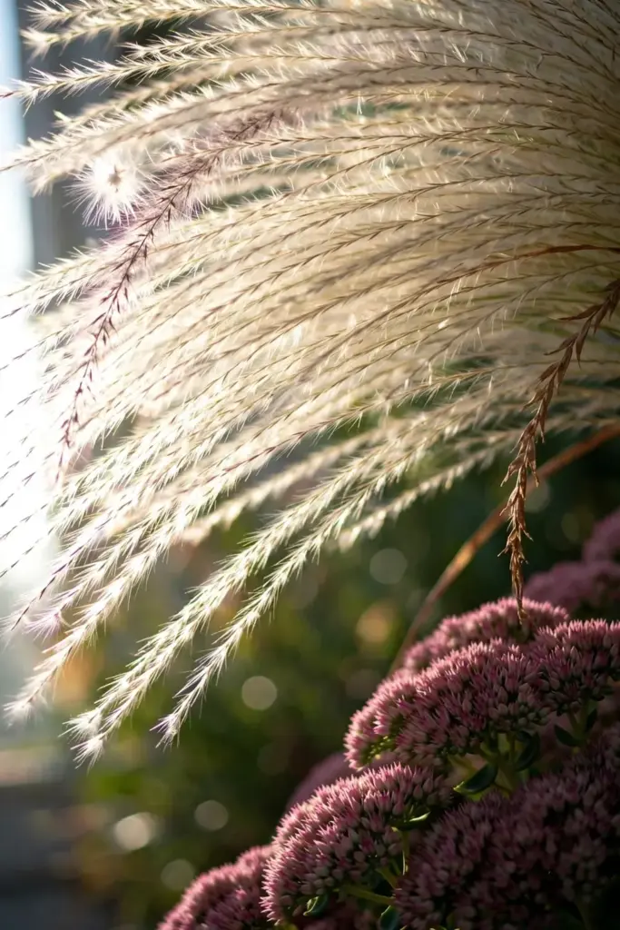 Feathery grass plumes beside bold flat sedum heads, macro detail